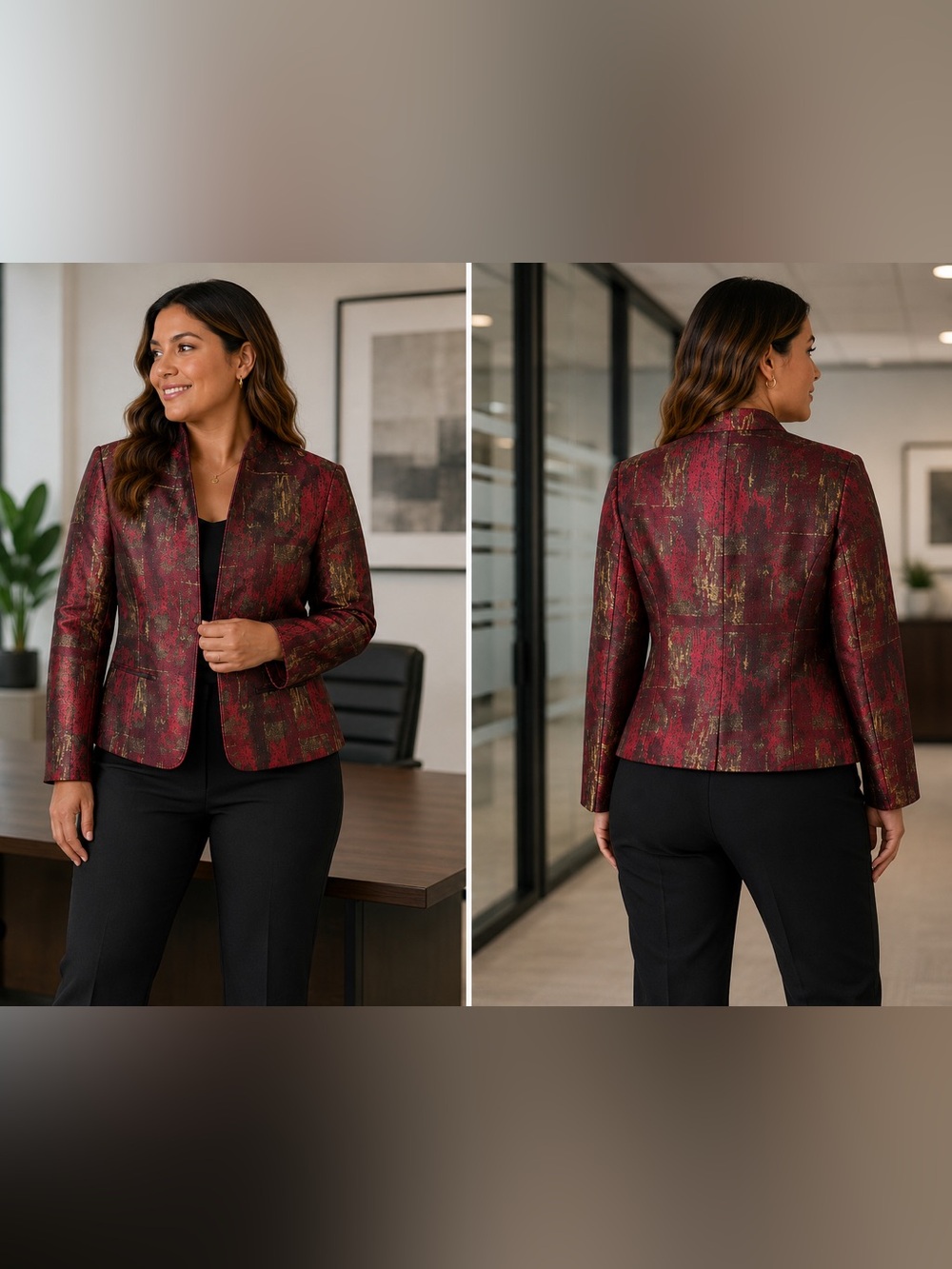 Coldwater Creek Red Gold Abstract Jacquard Jacket Mock Neck Blazer NWT PL